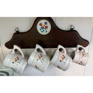 Vintage Ceramic Daisy Measuring Cups Wooden Hanging Rack Floral Grandma Cottage